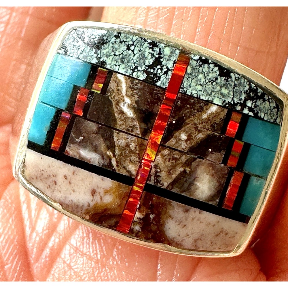 Navajo Mens Inlay Ring Turquoise Inlay Sz 12 Band 15mm Signed Tsosie Native Amer